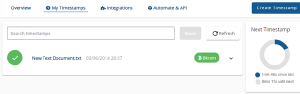 OriginStamp dashboard timestamp status